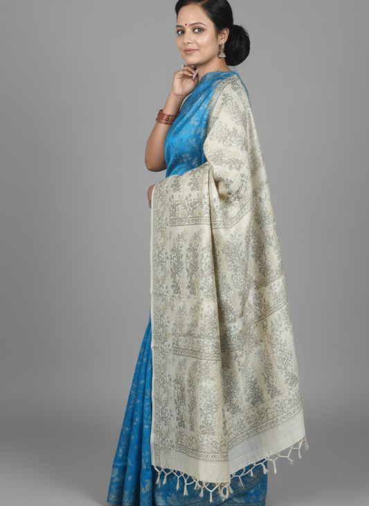 Banarasi Saree in blue and white color with floral pattern