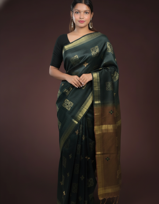 Embroidered black and brown with gold pattern & border saree