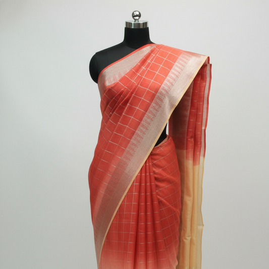 Check body silver design border Handloom jute silk  Saree