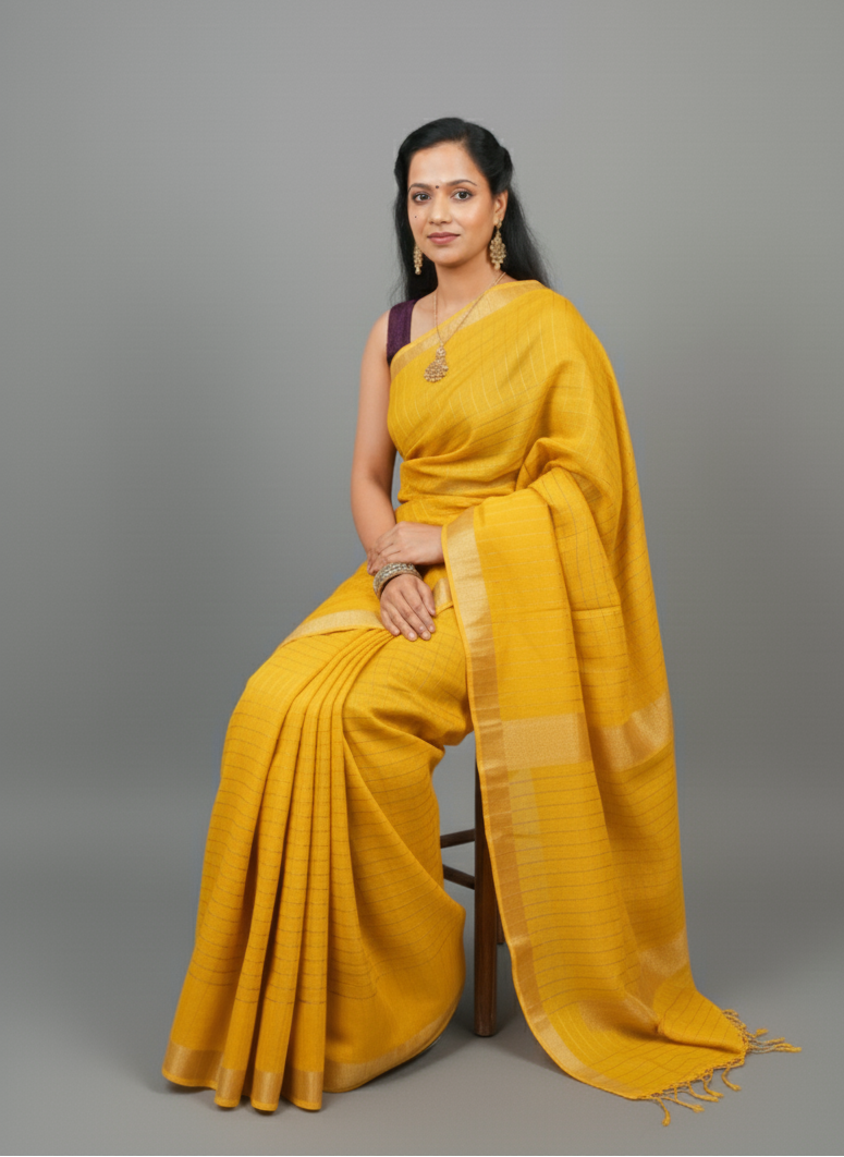 Gold zari  color checkered with border Silk Saree for festive wear