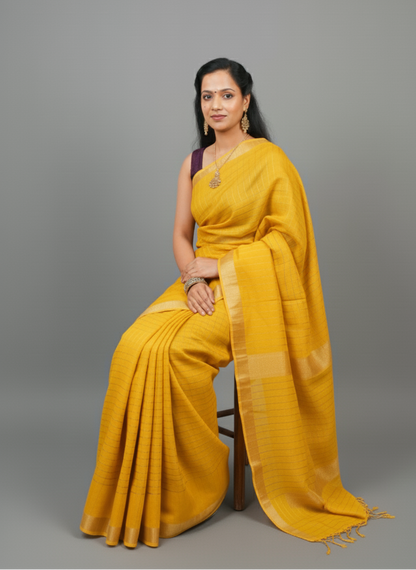 Gold zari  color checkered with border Silk Saree for festive wear