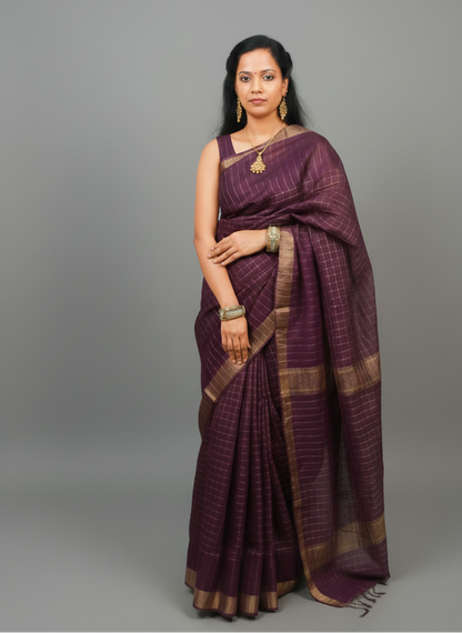 Gold zari  color checkered with border Silk Saree for festive wear