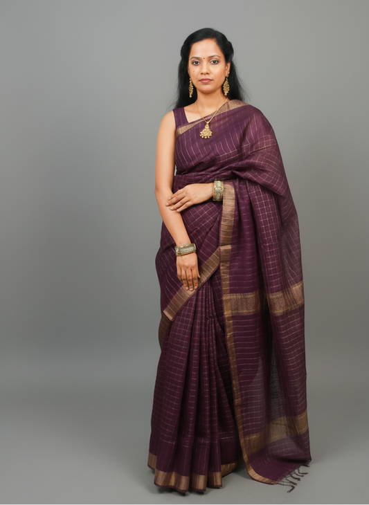 Gold zari  color checkered with border Silk Saree for festive wear
