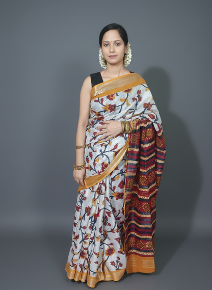 Hand printed saree with flower pattern in white and red cobination
