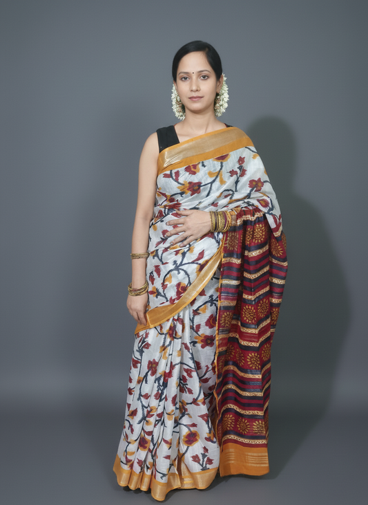 Hand printed saree with flower pattern in white and red cobination