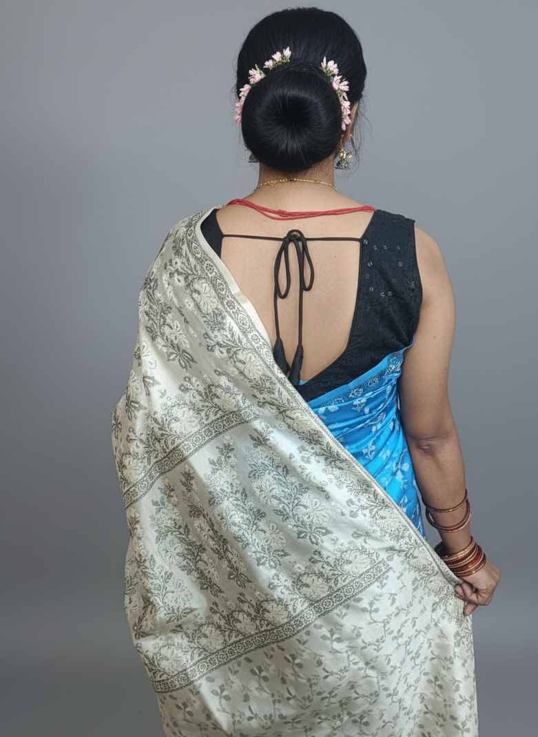 Banarasi Saree in blue and white color with floral pattern