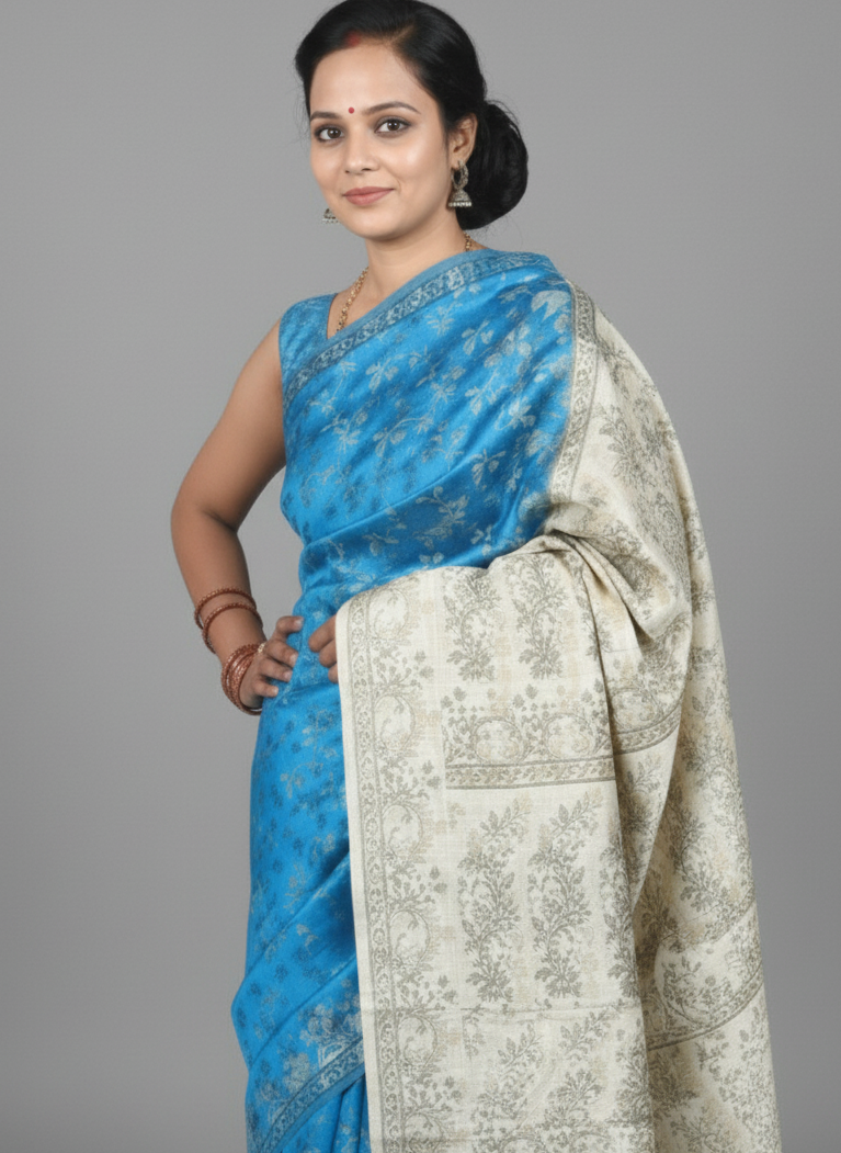 Banarasi Saree in blue and white color with floral pattern