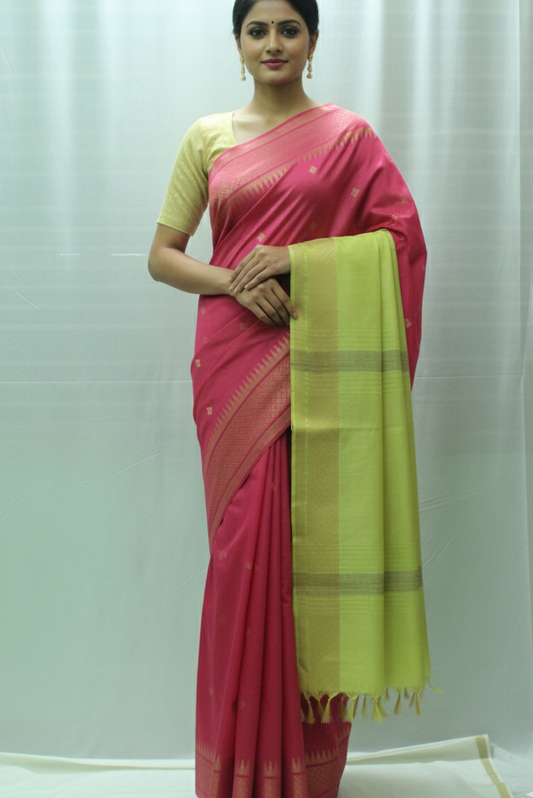 golden zari buta temple in red color silk Saree