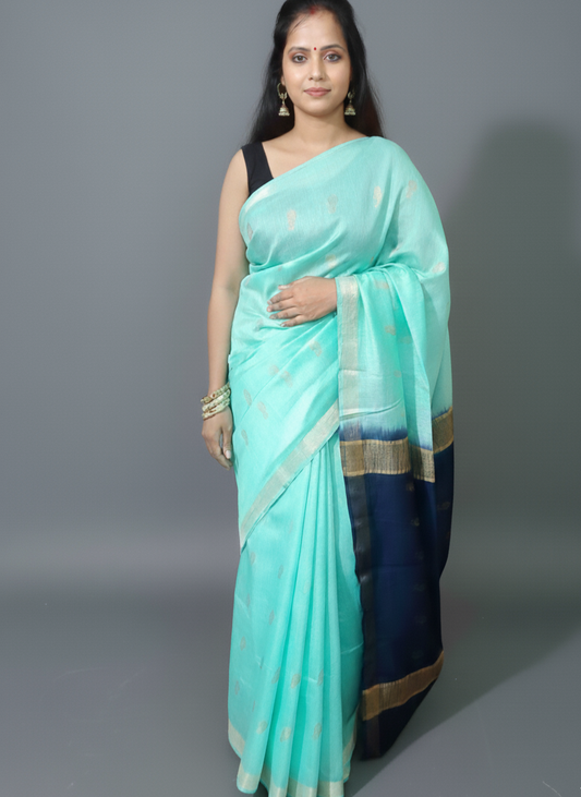 golden zari buta plain border silk Saree with blue contrast