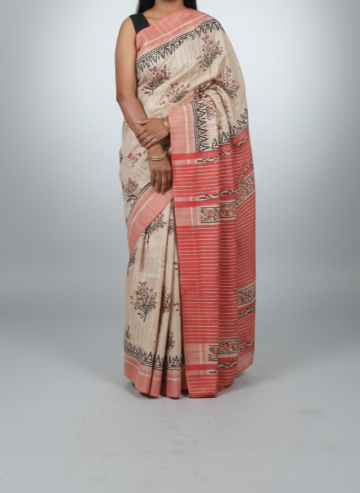 Printed Tassar Silk  Saree with enriched cream color