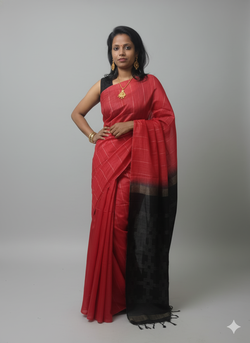Silk festive wear saree in red and black color with gold zari pallu design