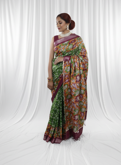 Beautiful multicolor printed Saree with silver zari