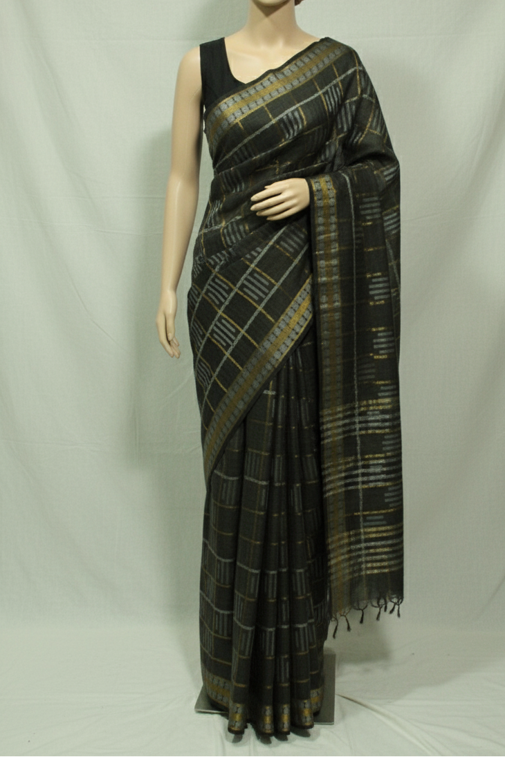 Black saree with gold patterns in silk fabric