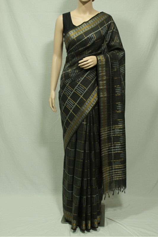 Black saree with gold patterns in silk fabric