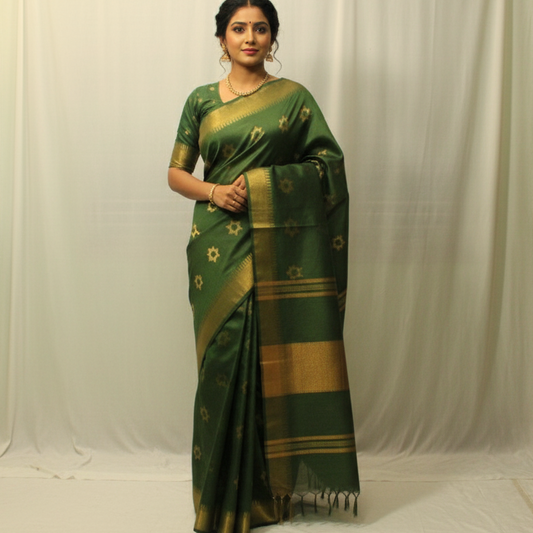 Festive wear green saree with wide golden border