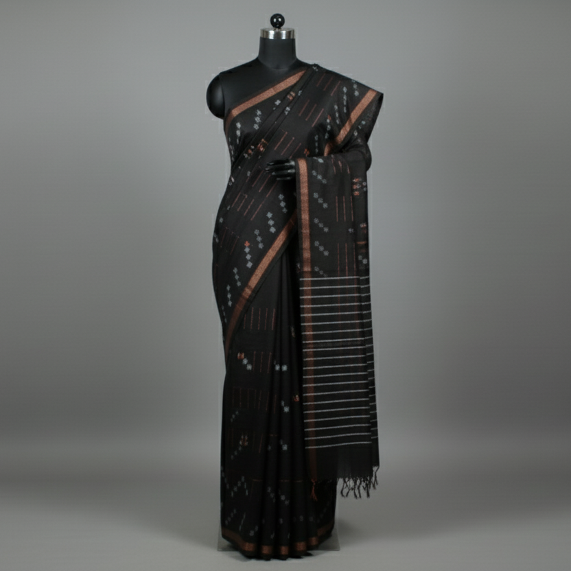 Black Silk Saree with white pattern and gold zari