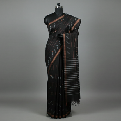 Black Silk Saree with white pattern and gold zari