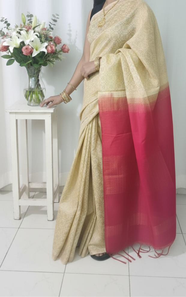 Enriched beidge and red color silk saree with Doby patten having sequence on pallu