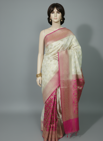 Banarasi Silk saree in white and pink color design