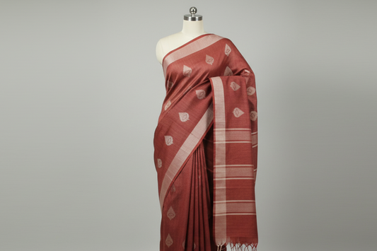 Red saree with white patterns in Silk fabric