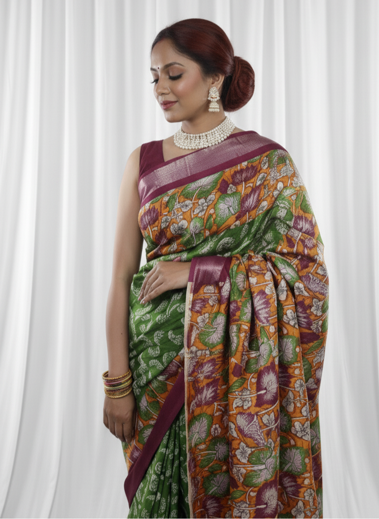 Beautiful multicolor printed Saree with silver zari