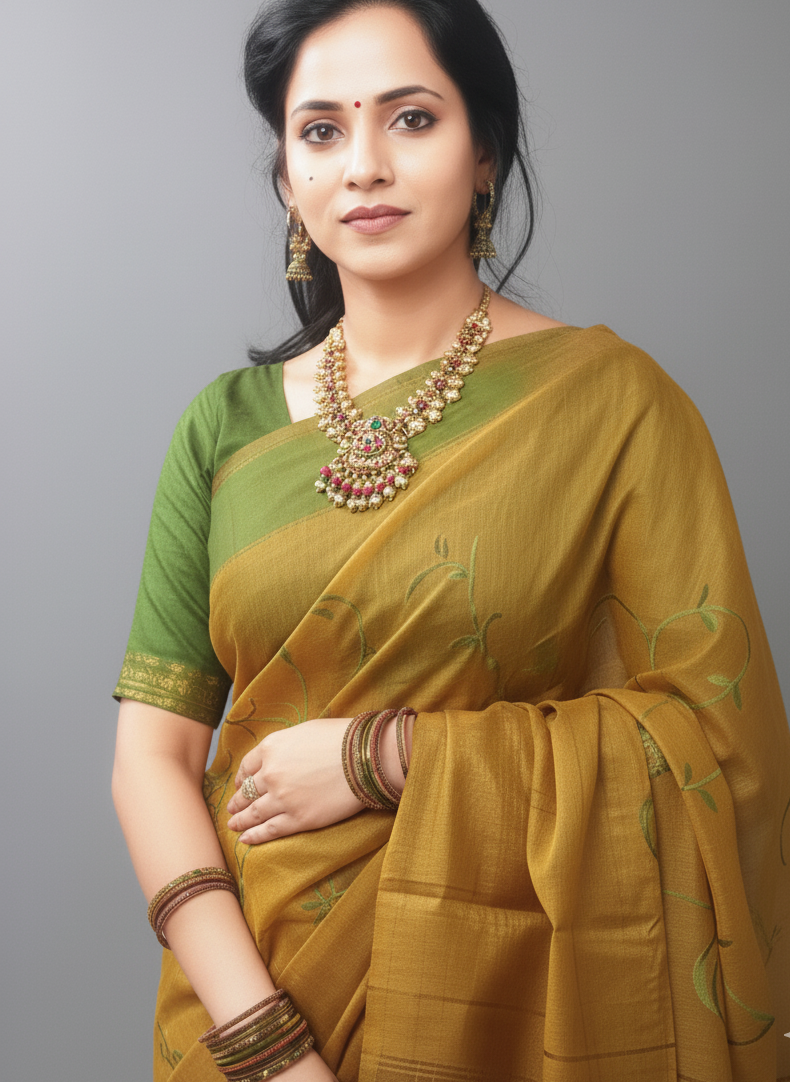 Embroidered gold color festive wear saree with green threaded work