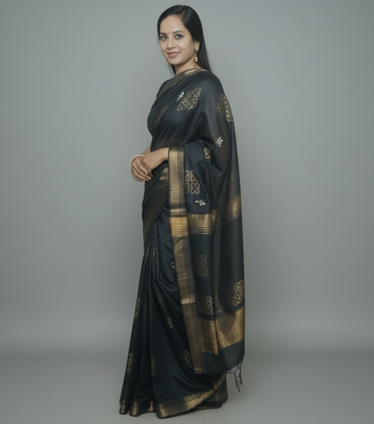 Plain work wear black saree with embroidery and gold pattern