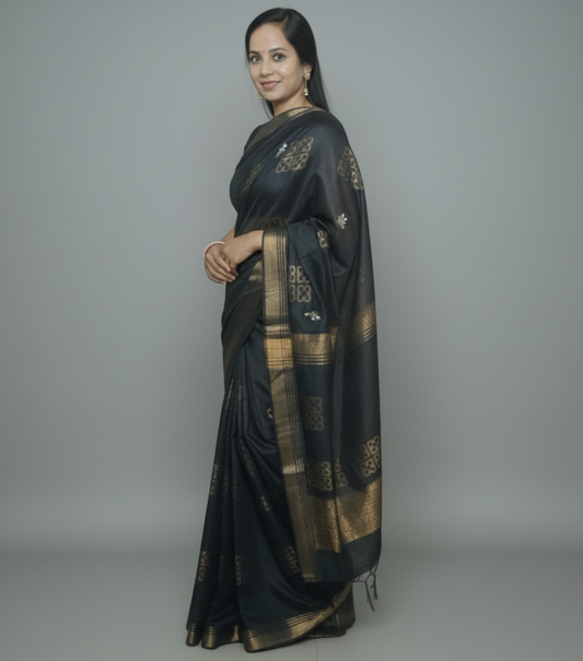 Plain work wear black saree with embroidery and gold pattern