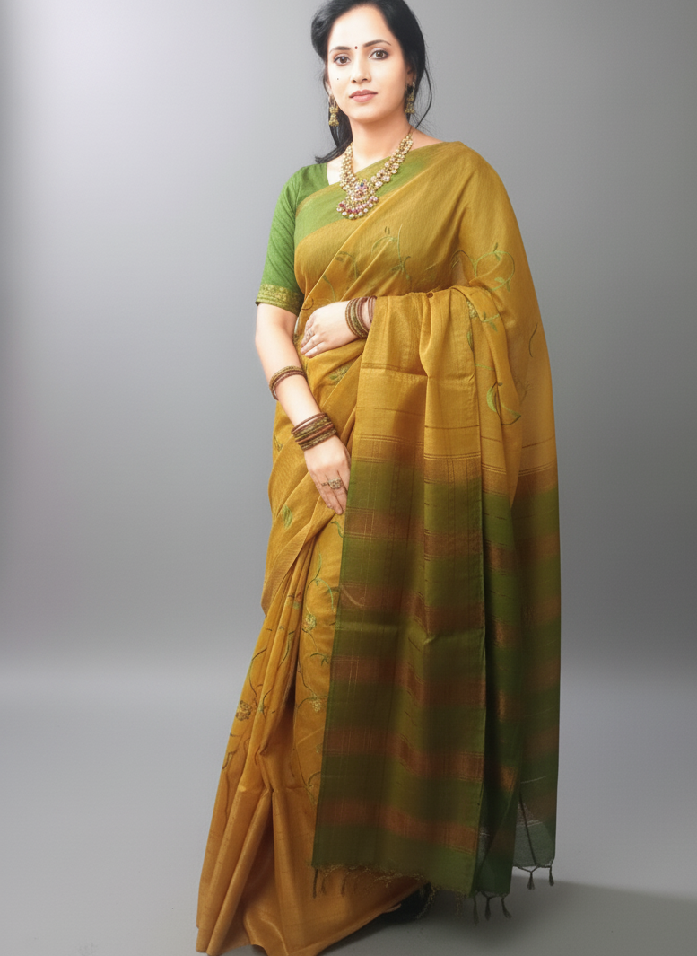 Embroidered gold color festive wear saree with green threaded work
