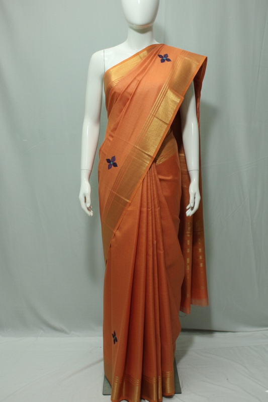 Embroided saree with golden zari border in orange color