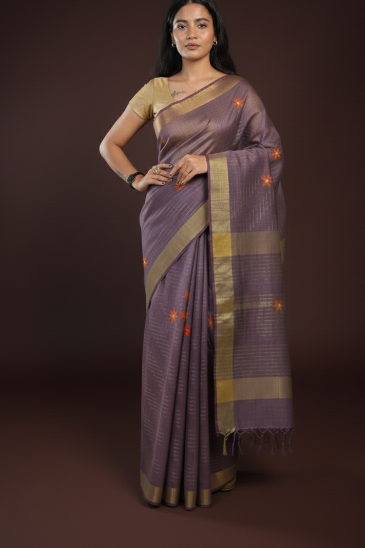 Embroidered purple color Saree with gold zari border