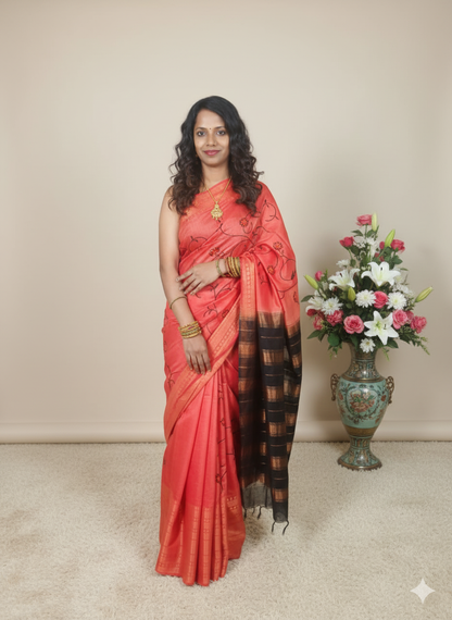 Emboidered Saree in red and black color for festive wear