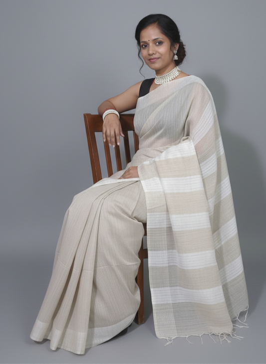Silk Saree with White pattern & border in cream color