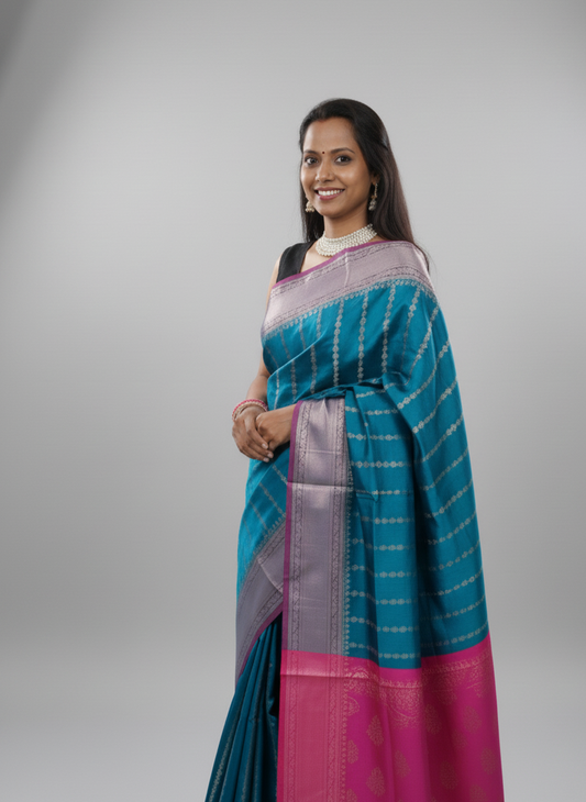 Soft Silk Saree with with blue and pink color