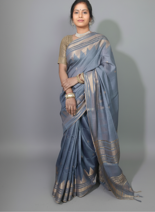 Golden zari buta temple border Silk Saree in rich grey color