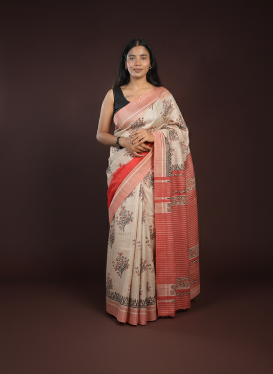Printed Tassar Silk  Saree with enriched cream color