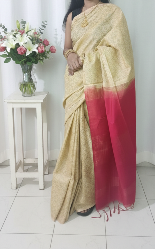 Enriched beidge and red color silk saree with Doby patten having sequence on pallu