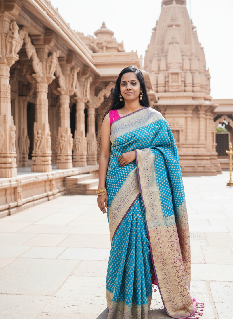Banrasi Silk saree in blue and pink combination perfect for festive wear