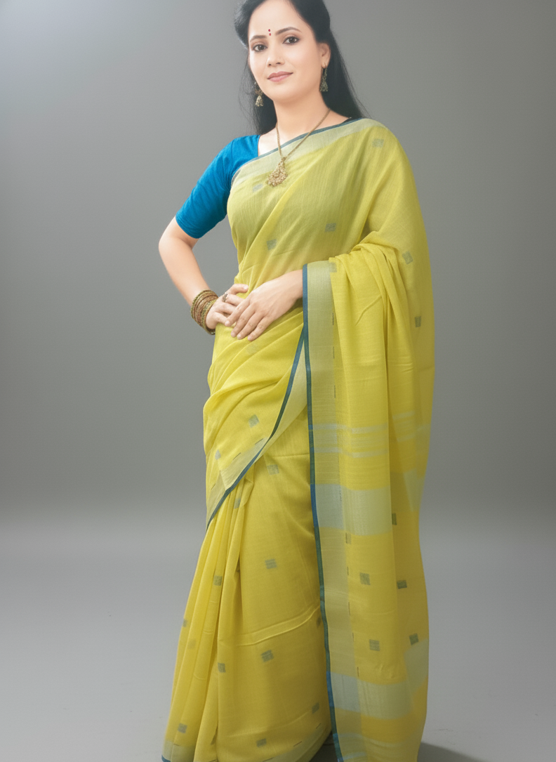 Bright yellow festive wear Saree with blue patches