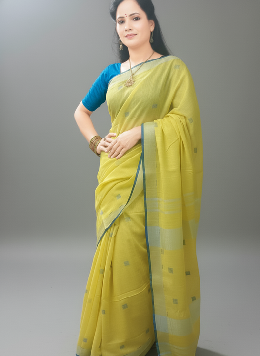Bright yellow festive wear Saree with blue patches