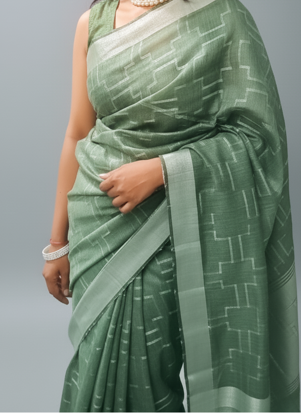 Green with silver sari work Festive wear saree