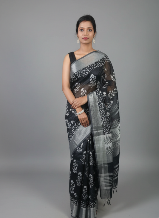 Black printed Linen saree with floral pattern