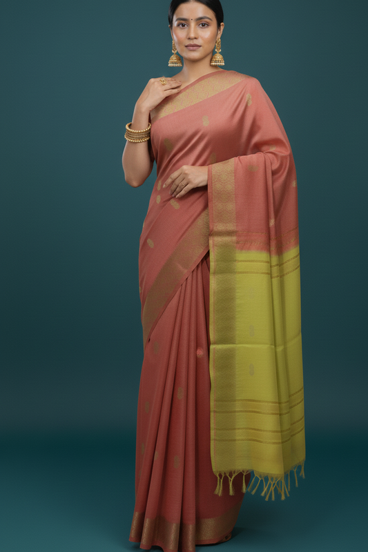 Double share pink and yellow color festive wear Silk Saree