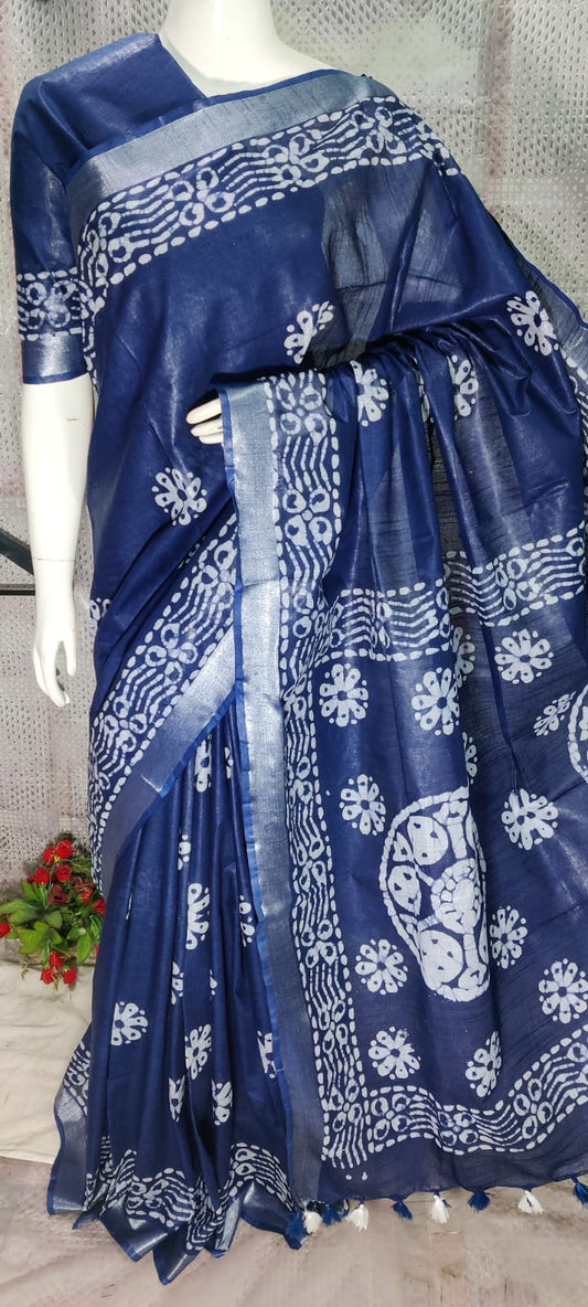 Blue Batique white printed Saree