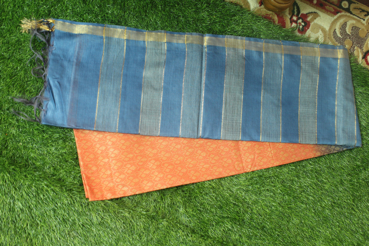 white pattern Embroidered Saree in orange color