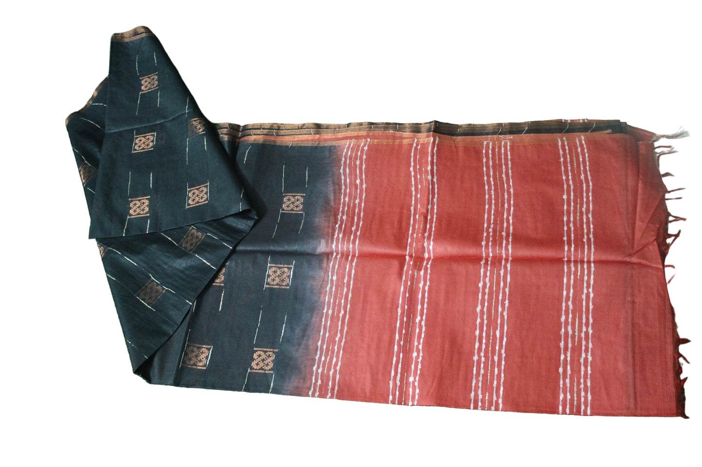 Copper zari buta small border silk black color Saree with red pallu