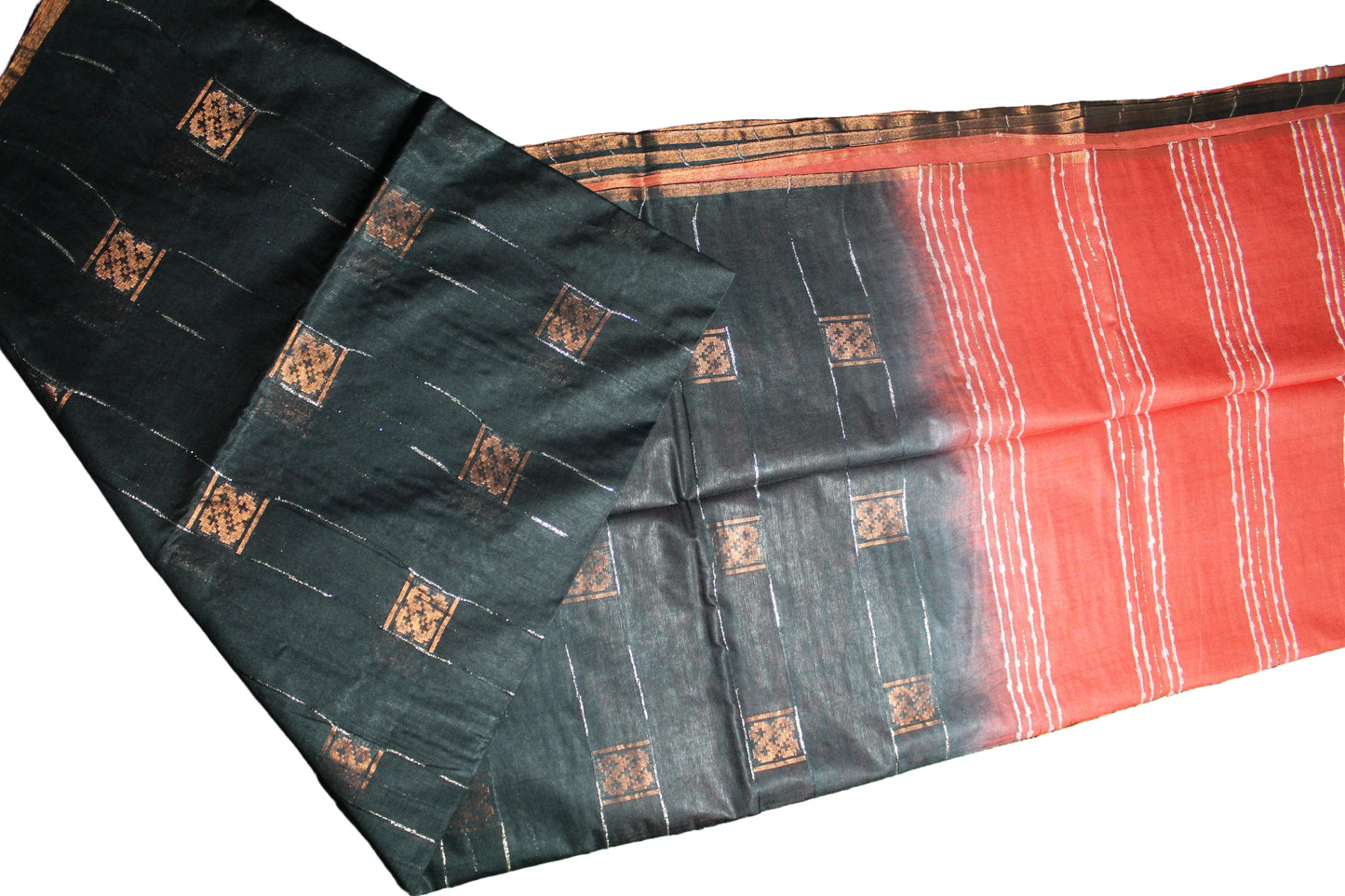 Copper zari buta small border silk black color Saree with red pallu