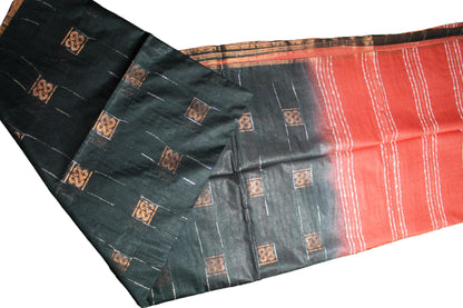 Copper zari buta small border silk black color Saree with red pallu