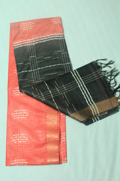 resam buta plain border silk Saree in red color with black pallu
