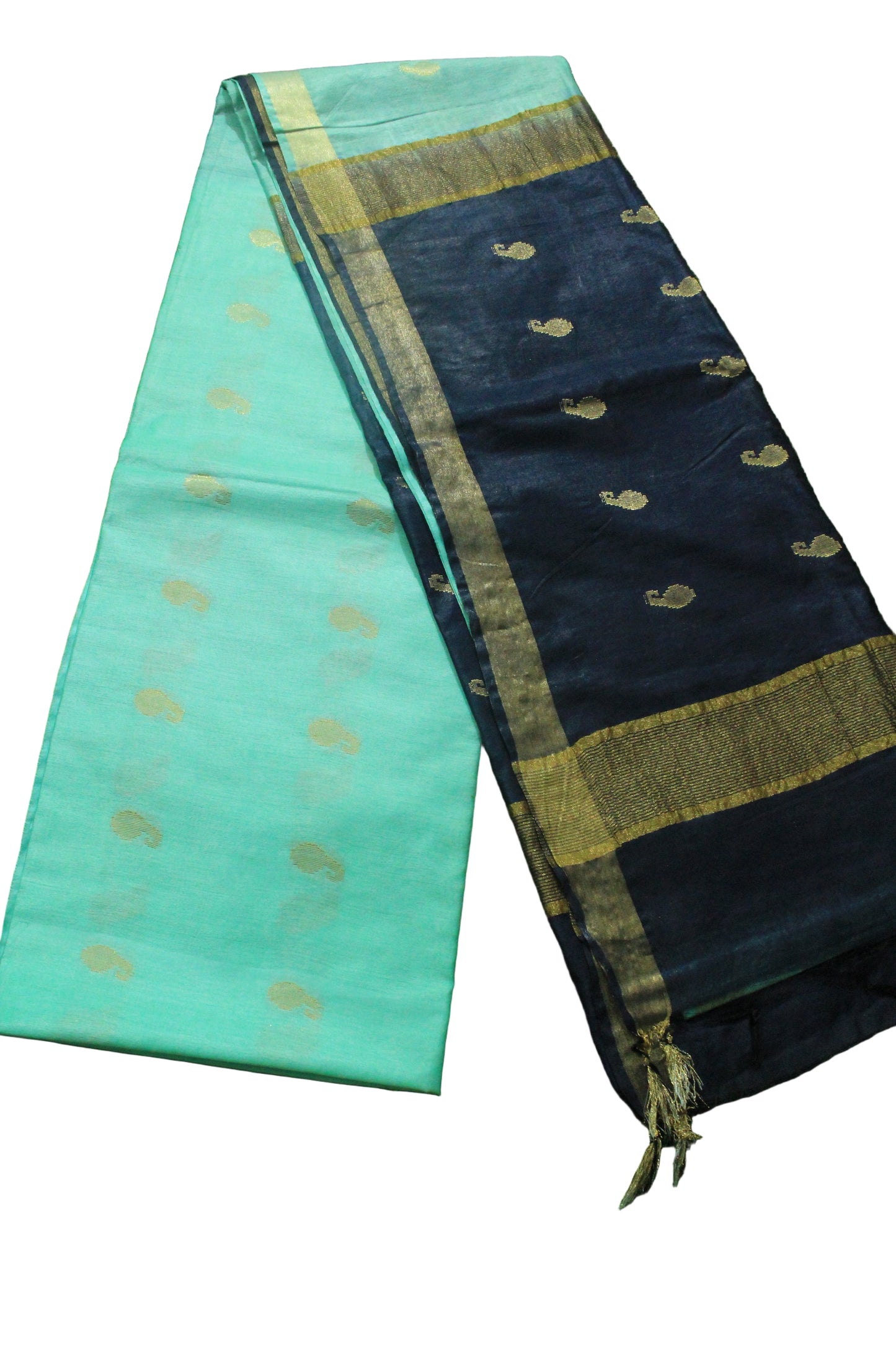 golden zari buta plain border silk Saree with blue contrast